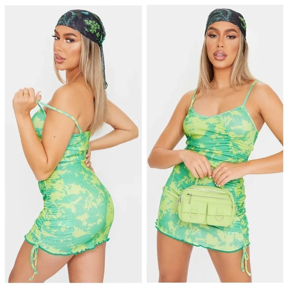 PrettyLittleThing Bodycon Dress Green Tie Dye NEW US 2 Club - Picture 2 of 12